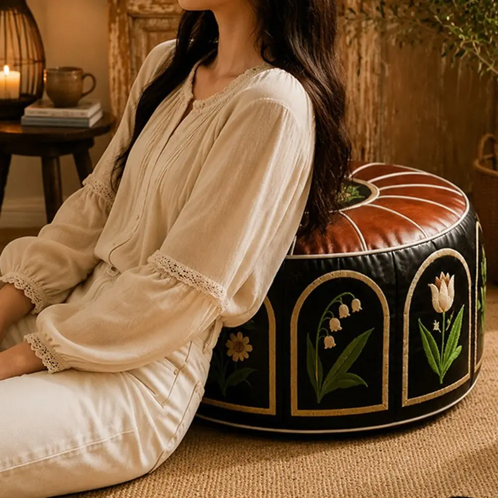 New Boho Pattern Ottoman Pouf Fillable Design Large Opening Footstool Cover PU Leather Water Resistant Round Pouf Cover Home Use