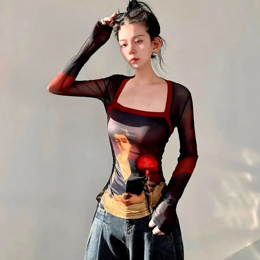 

Retro T-Shirt Oil Painting Screen Printing See-Through Flower Long-Sleeved Square Neck Top Women Slim 2024 Autumn New Style