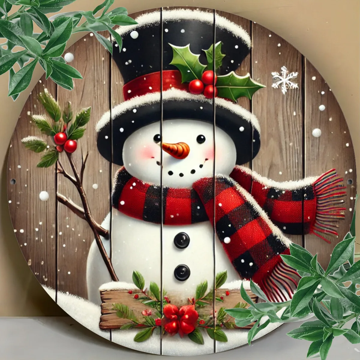 

2D плоская металлическая табличка с сюжетом снеговика в клетчатом шарфе, праздничный рождественский декор для стен с ягодами холли, уютное зимнее украшение для дома