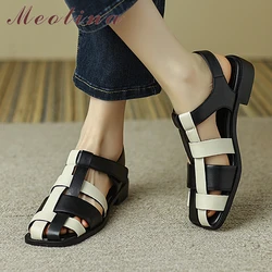 Meotina Women PU Leather Gladiator Shoes Low Heel Summer Sandals Thick Heels Buckle Narrow Band Ladies Footwear 2022 Beige Black