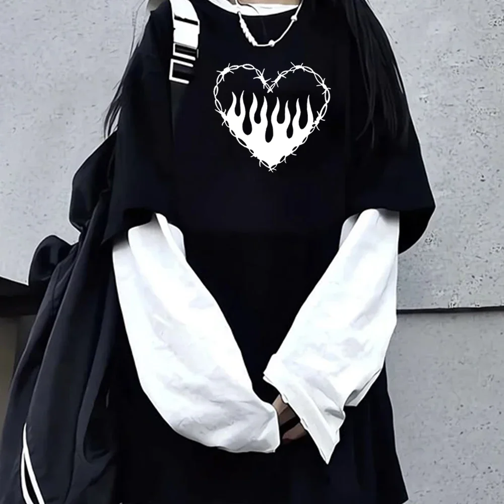 Fashion Punk Dark Style Printed Round Neck T-shirt Y2K Sport Harajuku Thin Women's Top Long Sleeves T Shirt Outdoor Loose Shirt