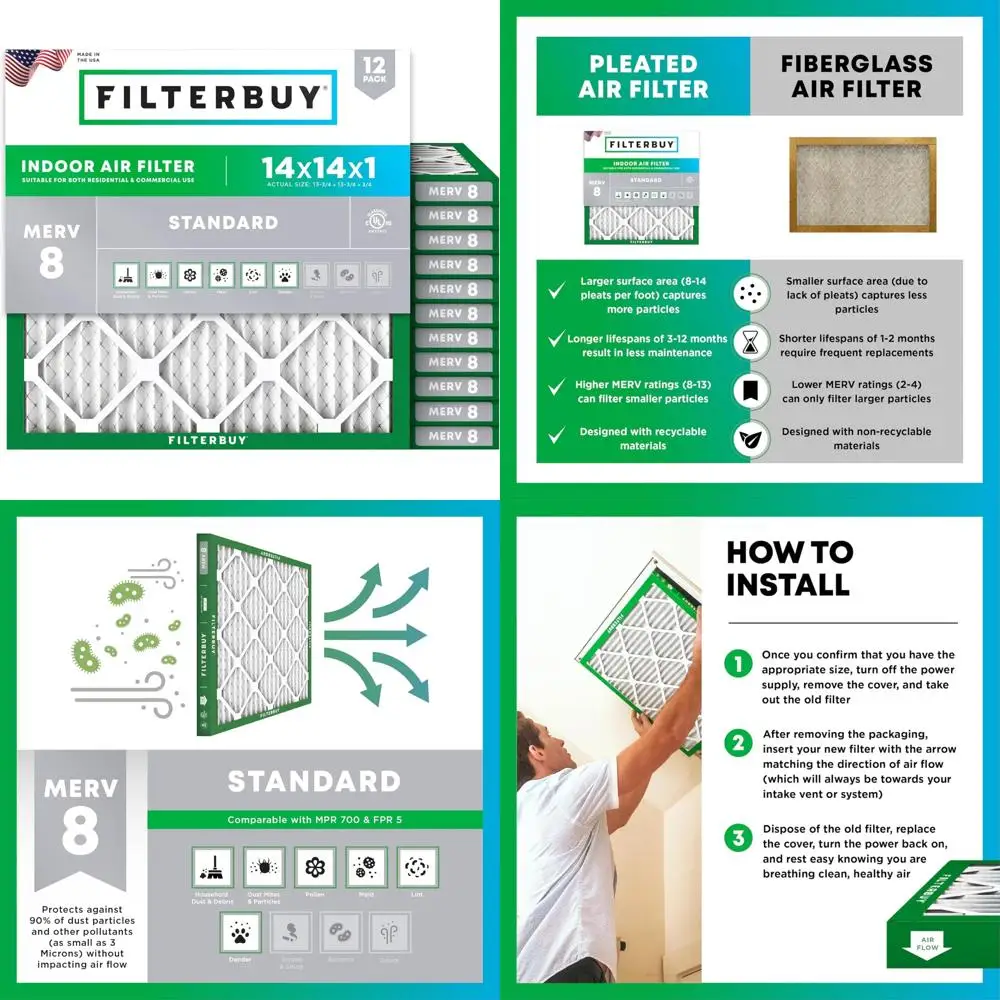 

Воздушные фильтры с электростатическими складками MERV 8 — замена пылезащиты для печи переменного тока HVAC, 12 фильтров 14x14x1 дюймов
