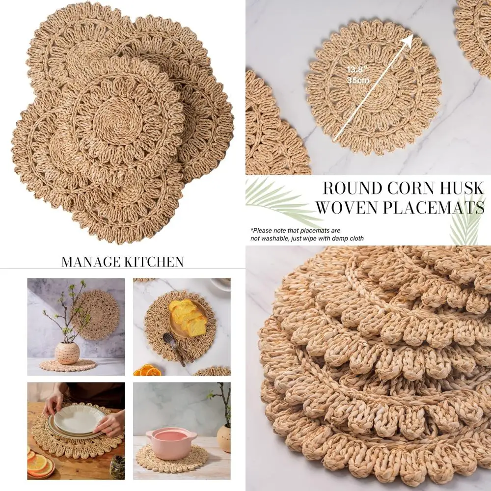 

13.8" Round Corn Husk Placemats Set of 6 | Boho Wicker Rattan Woven Table Mats | Farmhouse Spring Plate Chargers Like Seagrass,