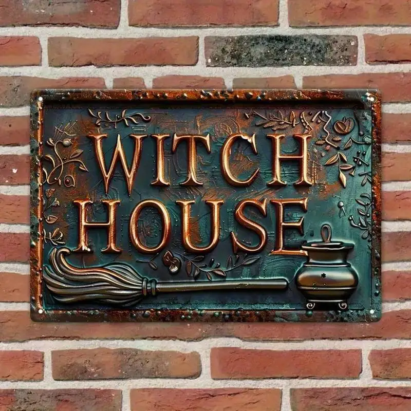 1PC Witch House Tin Sign, Halloween Decor, Vintage Style, Sturdy Metal, Ideal For Outdoor Or Party Decor, 8x12 Inches / 20x30 Cm