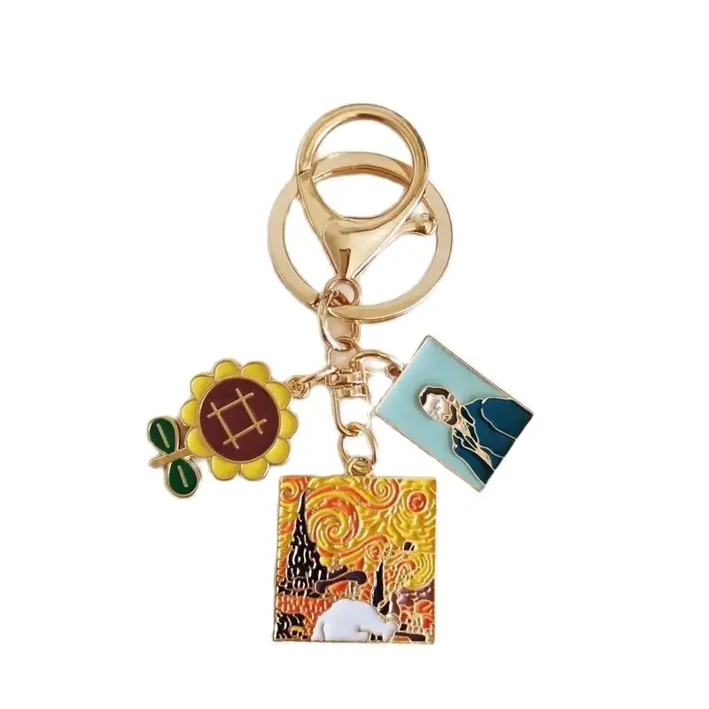 European and American New Van Gogh Oil Painting Series Alloy Star Keychain Cartoon Cat Sunflower Hanging Buckle Bag Pendant