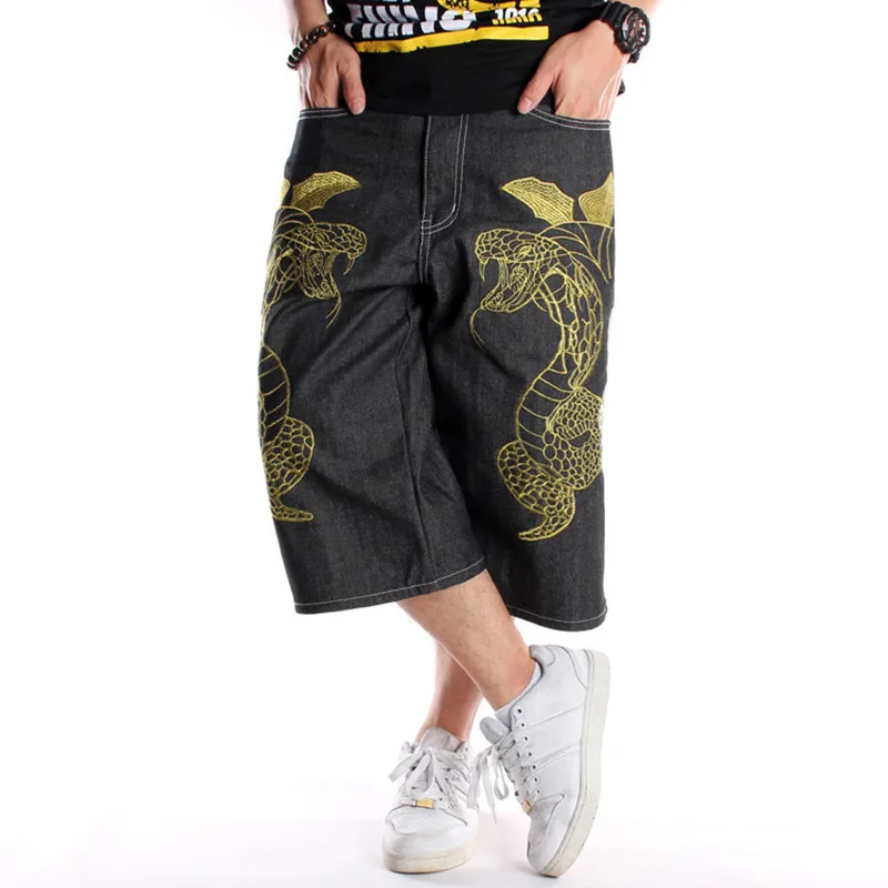 Men Fashion Street Dance Wide Legs Jeans Embroidery Black Loose Board Jeans Cropped Pants Plus Size 30-46