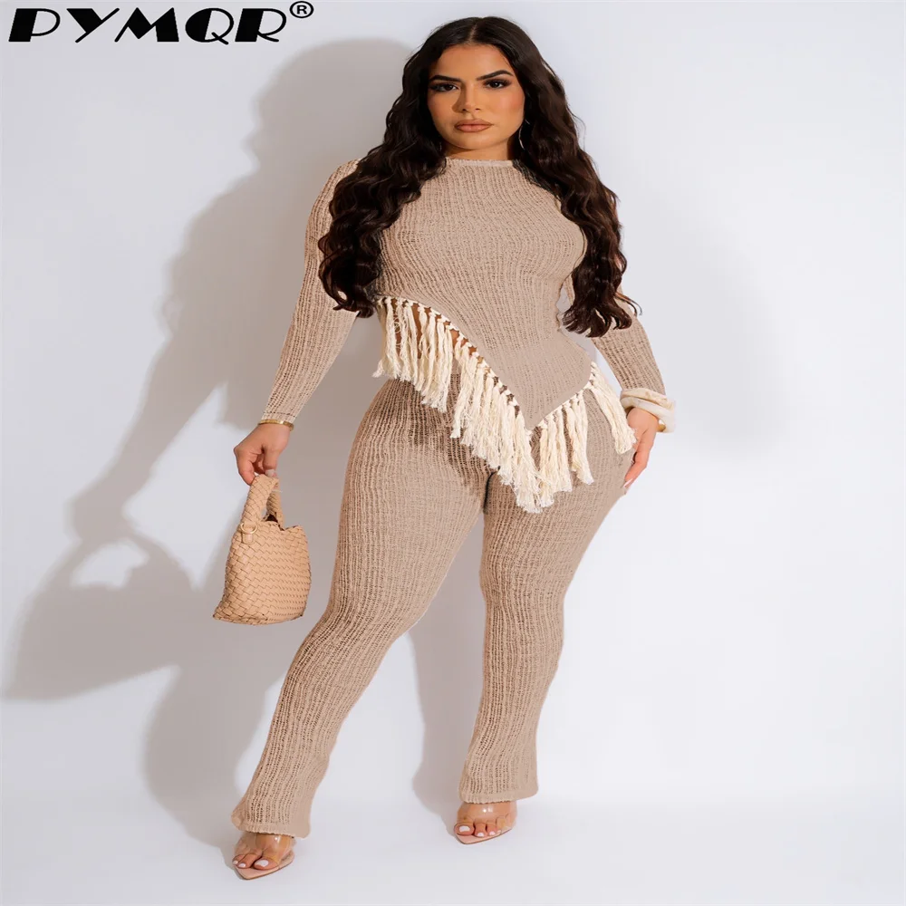 PYMQR-calças bodycon com franja irregulares de manga comprida femininas, conjunto de 2 peças, roupas de boate, outono, novo, 2023