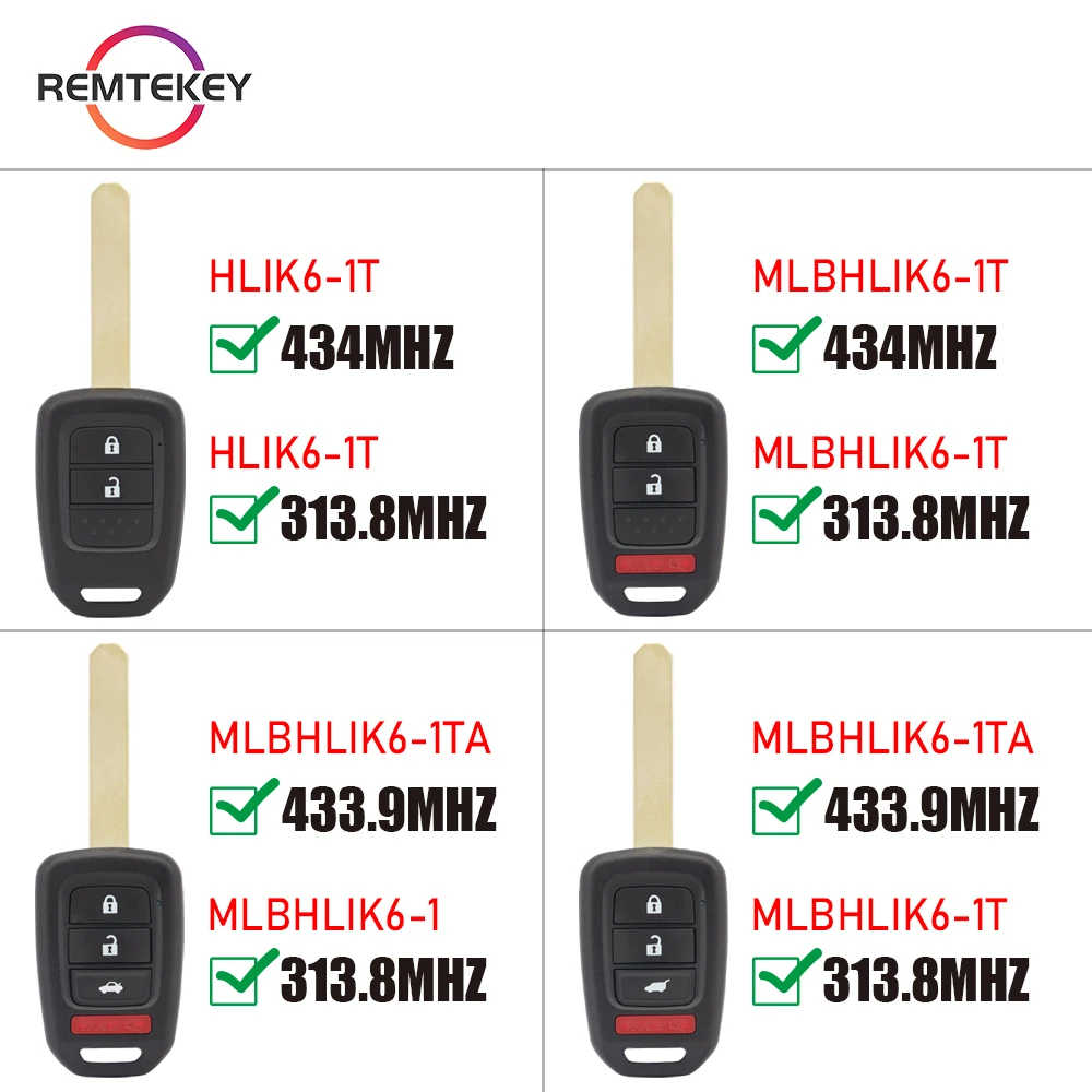 REMTEKEY Keyless Entry Remote Car Key Fob MLBHLIK6-1T/MLBHLIK6-1TA PCF7961 ID47 434/313.8Mhz For Honda Jazz Accord Civic CRV