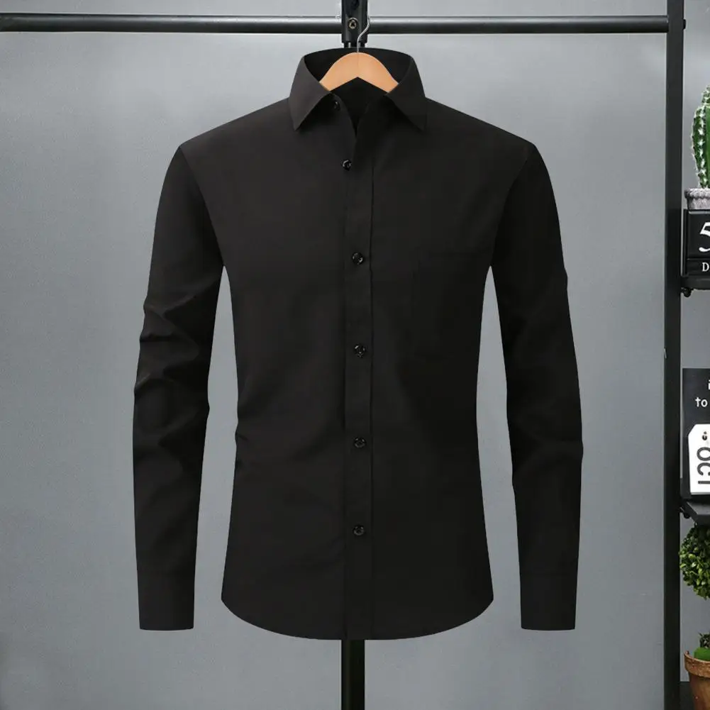 Camisa de vestir de primavera y otoño para hombre, camisa de negocios Formal de longitud media con solapa, ajustada, elástica, de un solo pecho, de manga larga, Color sólido