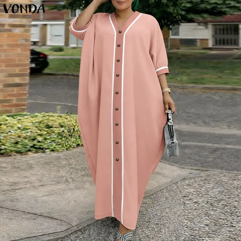

Fashion VONDA Women Plus Size Dresses Patchwork V Neck Loose 3/4 Sleeve Summer Long Maxi Dresses OL Party Vestidos Streetwear