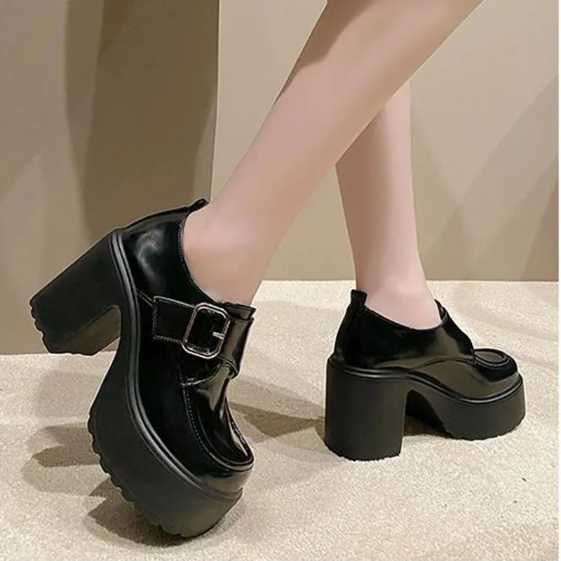 Kobiety Platforma Mary Janes Lolita Shoes Party 10cm Chunky High Heels Pumps New Women Shoes Fashion Metal Buckle Black Loafers