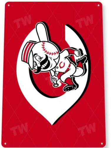 Tin Sign Vintage Cincinnati Reds Retro Logo Metal Wall Art Baseball Mascot Sign