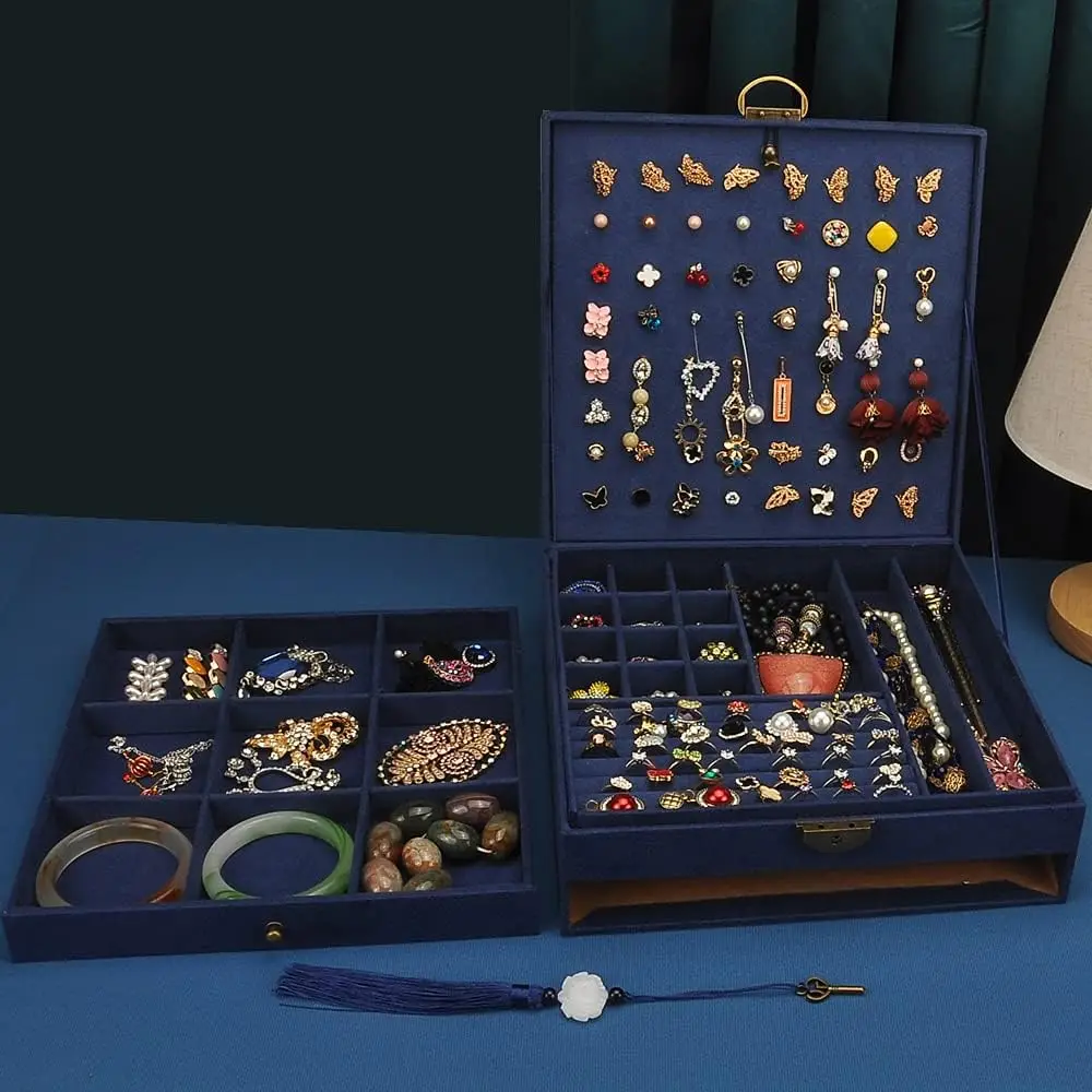 صندوق مجوهرات نسائي مكون من 3 طبقات حقيبة تخزين كبيرة لتنظيم المجوهرات للأقراط والقلائد والخواتم والأساور والعرض الأخضر #4