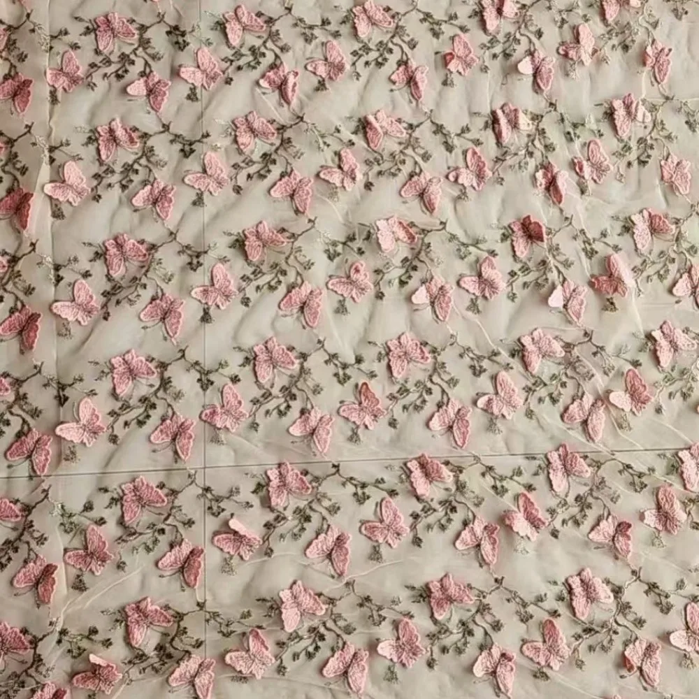 

3D Butterfly Embroidered Lace Fabric with Gold Thread for Cheongsam Dress By The Yard