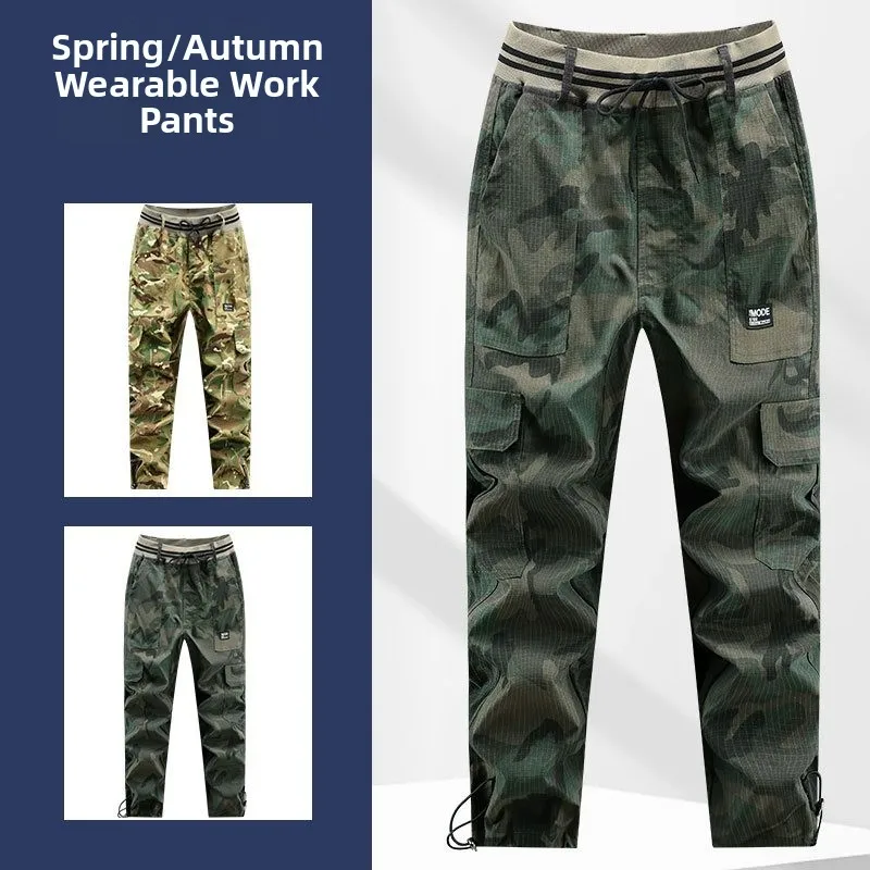 

Fashionable Waterproof Camouflage Sports Pants High Waist Straight Leg Casual Trousers for Young Men Spring Season Khaki Color