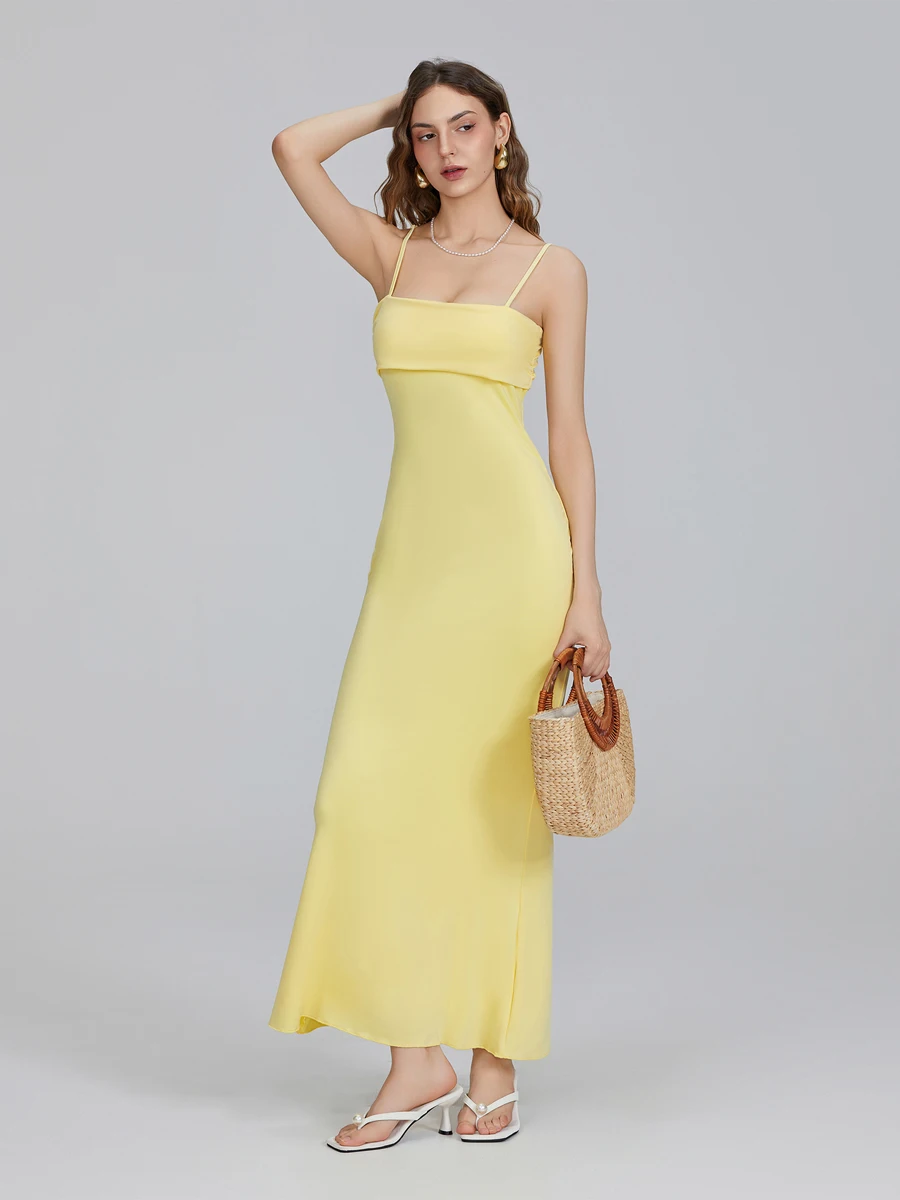 Douhoow Women Sexy Sleeveless Bodycon Party Dress Y2k Lace Up Female Spaghetti Strap Backless Long Dress Yellow