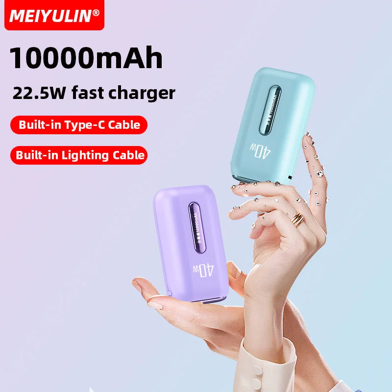 

10000mAh 22.5W Portable Power Bank Built-in USB C PD Cable Fast Charging External Spare Battery For iPhone 15 14 Samsung Xiaomi