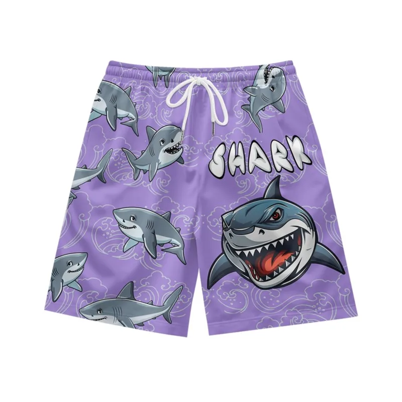 Cartoon shark pattern daily fashion temperament trend casual loose summer men's drawstring sports purple shorts