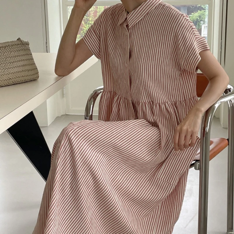REALEFT Summer Vintage Striped Single Breasted Women\'s Shirt Dresses 2024 New Korean Casual Straight Dress Pockets Female