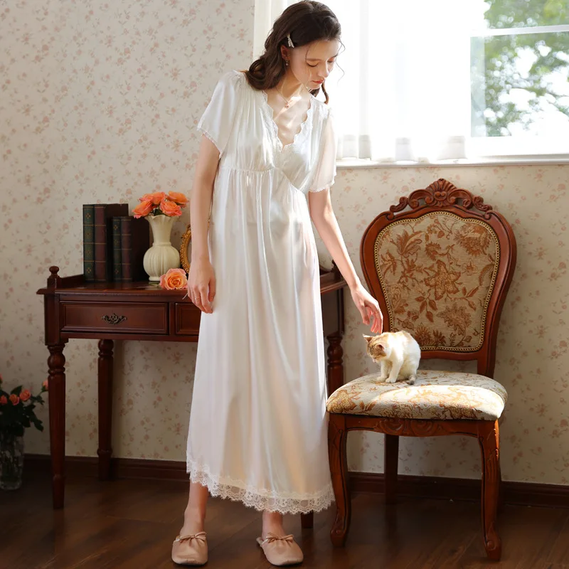 

Vintage Satin Nightgown Women Short Sleeve Night Dress Summer Sleepwear Loose Nighty Princess Nightwear Loungewear b