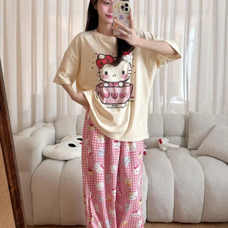 

Pajamas set women's summer short-sleeved trousers new ins cute thin student cartoon Hello Kitty loose loungewear two-piece set
