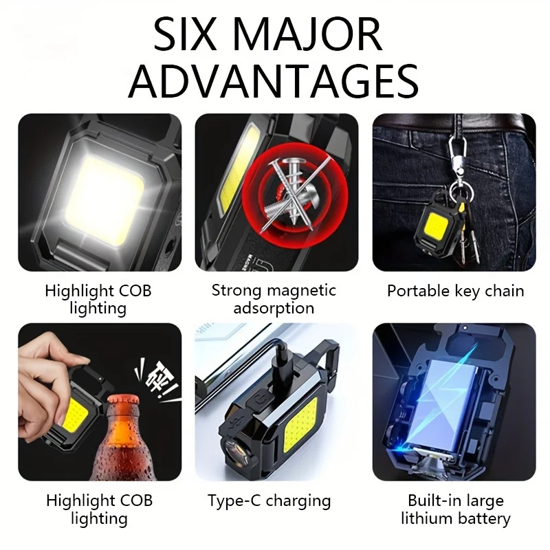 Portable 3-Head COB Mini Camping Lamp Multifunctional Keychain Light Type-C Work Lights Outdoor Flashlight