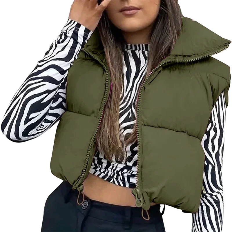 Women Winter Warm Solid Color Crop Waistcoat Sleeveless Stand Collar Double Sided Lightweight Puffer Vest 2022 Streetwear