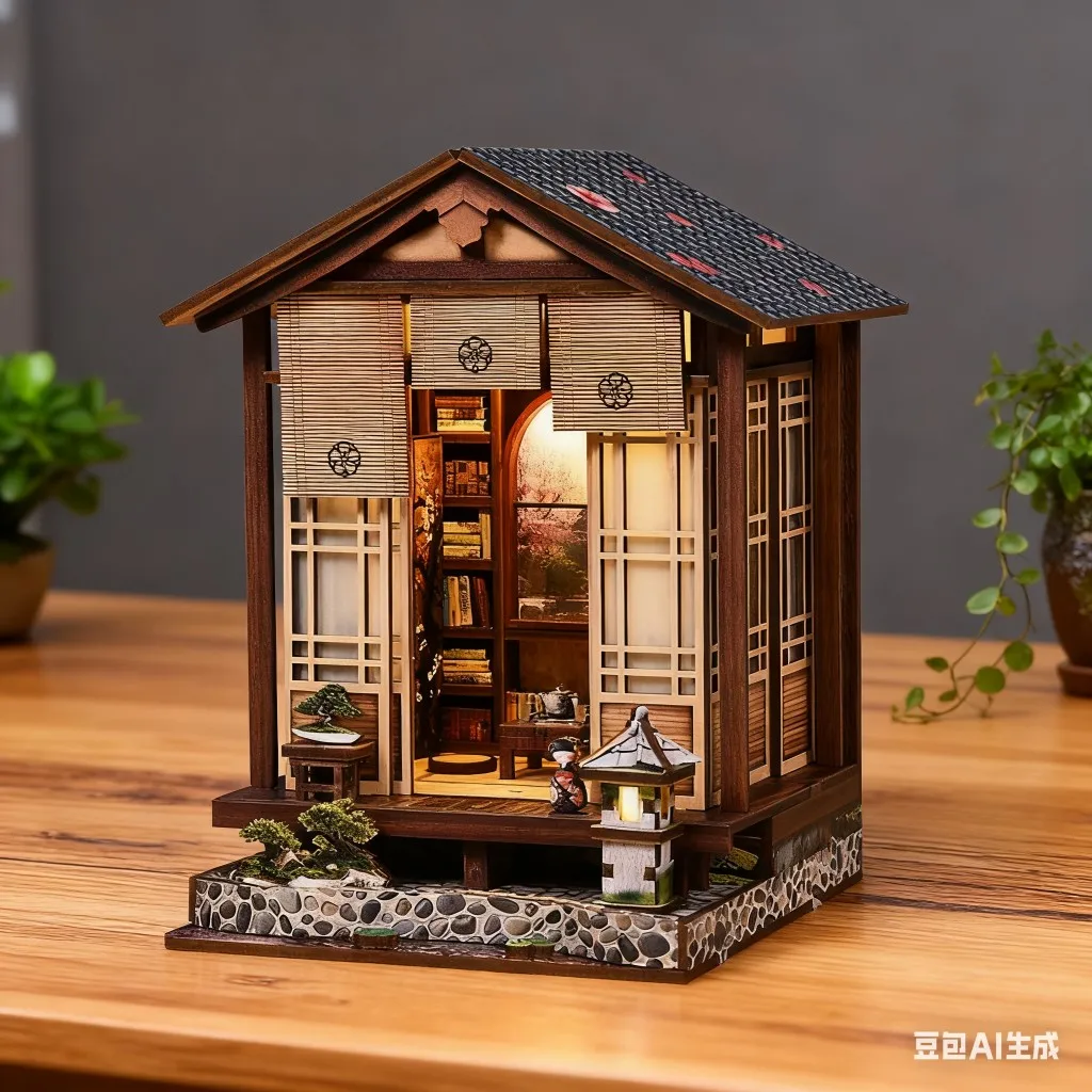 بيت الدمى على الطراز الياباني مجموعة مصغرة ذاتية الصنع لحديقة زن، فناء سلس، نموذج خشبي، ديكور منزلي، هدية للبالغين #4