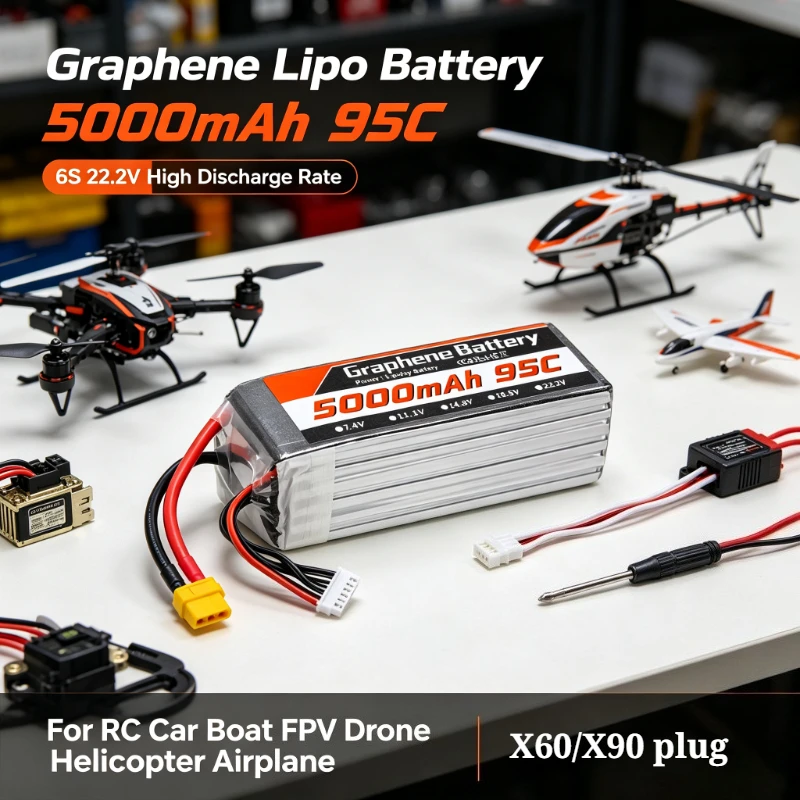 6S Lipo Battery 22.2V 5000Mah - グラフェンリポバッテリー 5000mAh 6S 22.2V 95C 高放電レート、XT60/XT90プラグ付き。RCカー、ボート、FPVドローン、ヘリコプター、飛行機用。