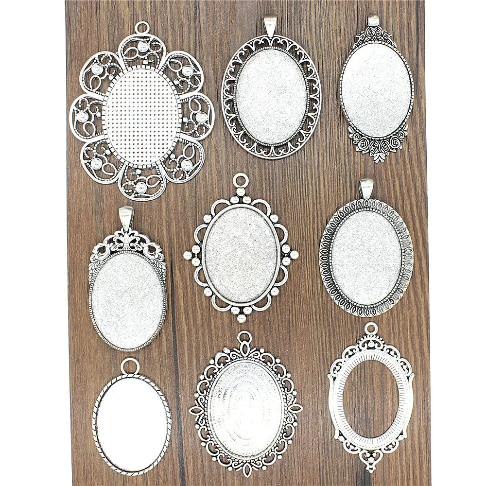 2 sztuk Fit 30x40mm owalne szkła Cabochon baza ustawienie wisiorek taca do biżuterii DIY Making Antique kolor srebrny FM4016