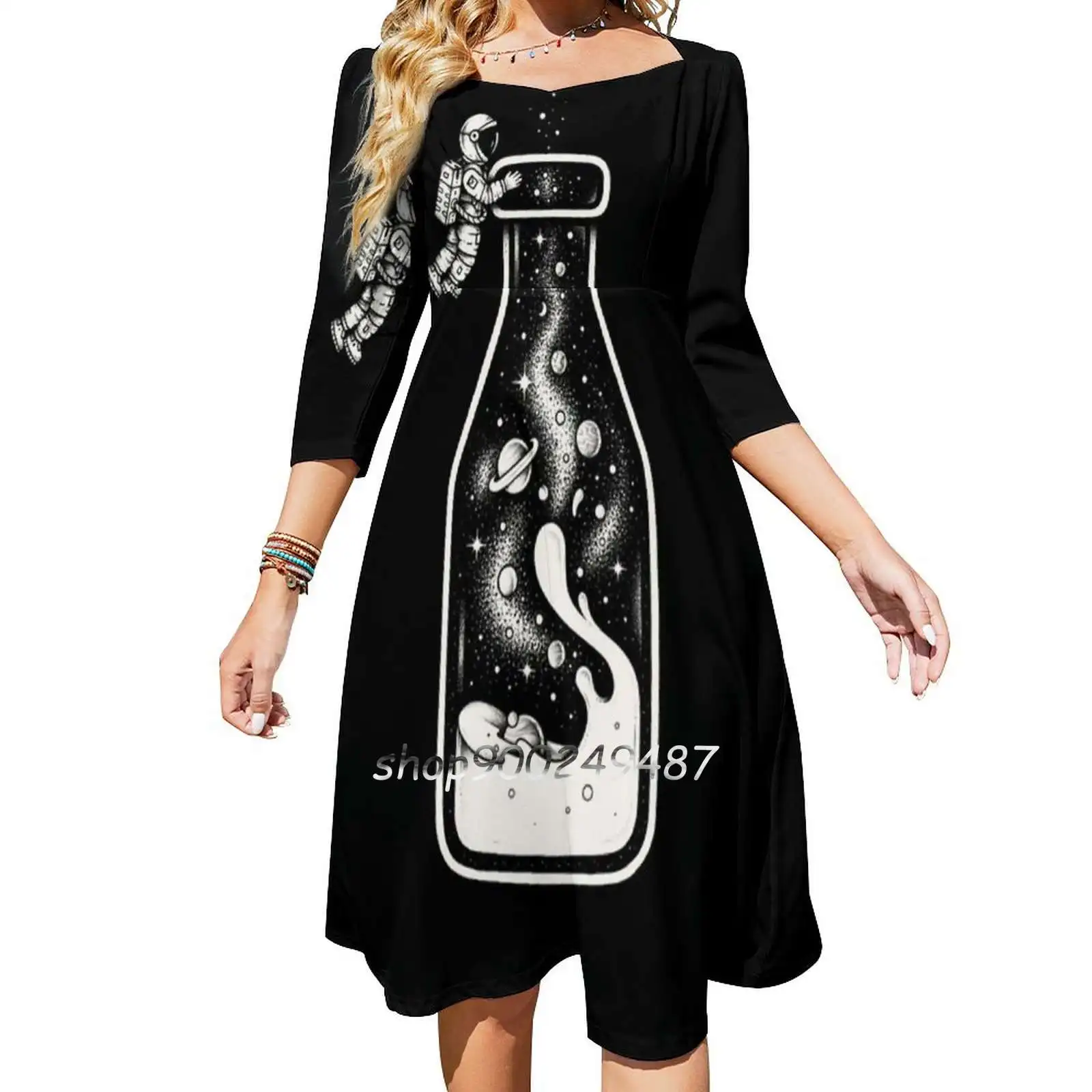 Milky Way Square Neck Dress Sweet Summer Dress Women Elegant Halter Print Dress Space Stars Milky Way Astronaut Asteroidday