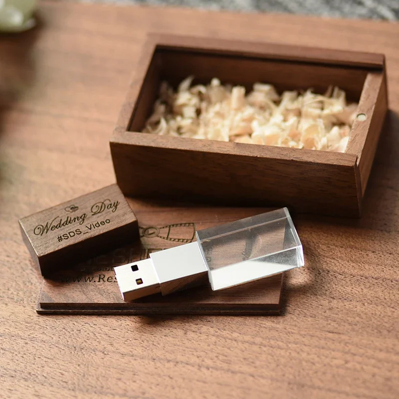 SHANDIAN Crystal Wooden USB 2.0 Flash Drive Pen Drive U Disk Memory Stick Pendrive 8GB 16GB 32GB 64GB Wedding Gift Thumb Drive