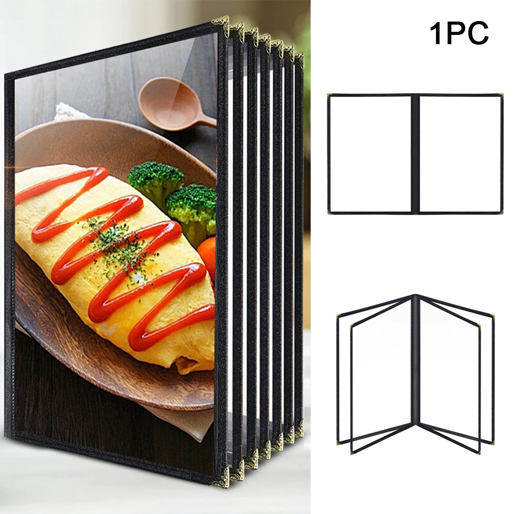 A4 Transparent Foldable Food Drink Bar Kitchen Reusable Display Book Menu Cover PU Leather For Restaurant 2 4 8 Pages Cafe DIY