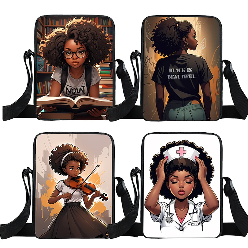 Afro Black Nurse Girl King Reading / Play Guitar Violin Boys Girls School Bags Women Crossbody Bag Student Bookbags Gift