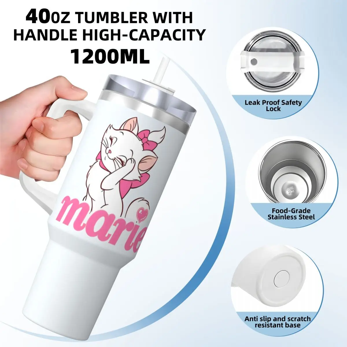 Cartoon Pink Marie Cat Stainless Steel Tumbler Kawaii Driving Coffee Mug With Straws and Lid Mugs Cold and Hot Water Bottle