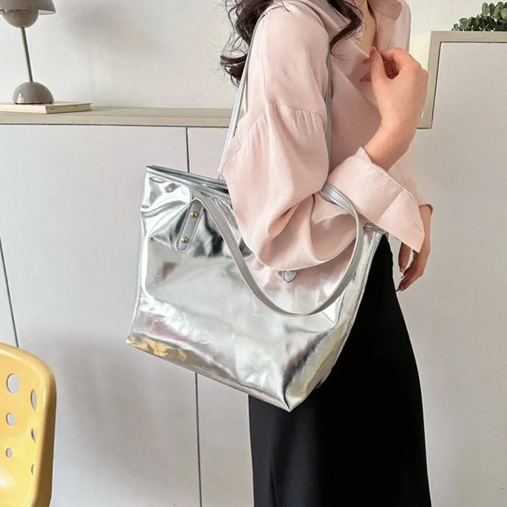 Women PU Leather Shoulder Bag Large Capacity Silver Tote Bags Casual Handbags Fashion Girls Travel Handle Bag Shopping Bag