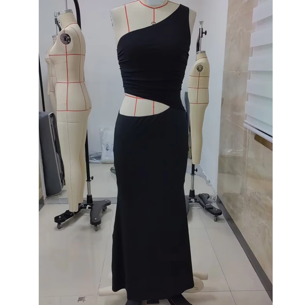 Vestido largo y2k vintage con un solo hombro para mujer, sin mangas, sin espalda, con volantes, vestidos largos, sexy, bodycon, vestido de cóctel