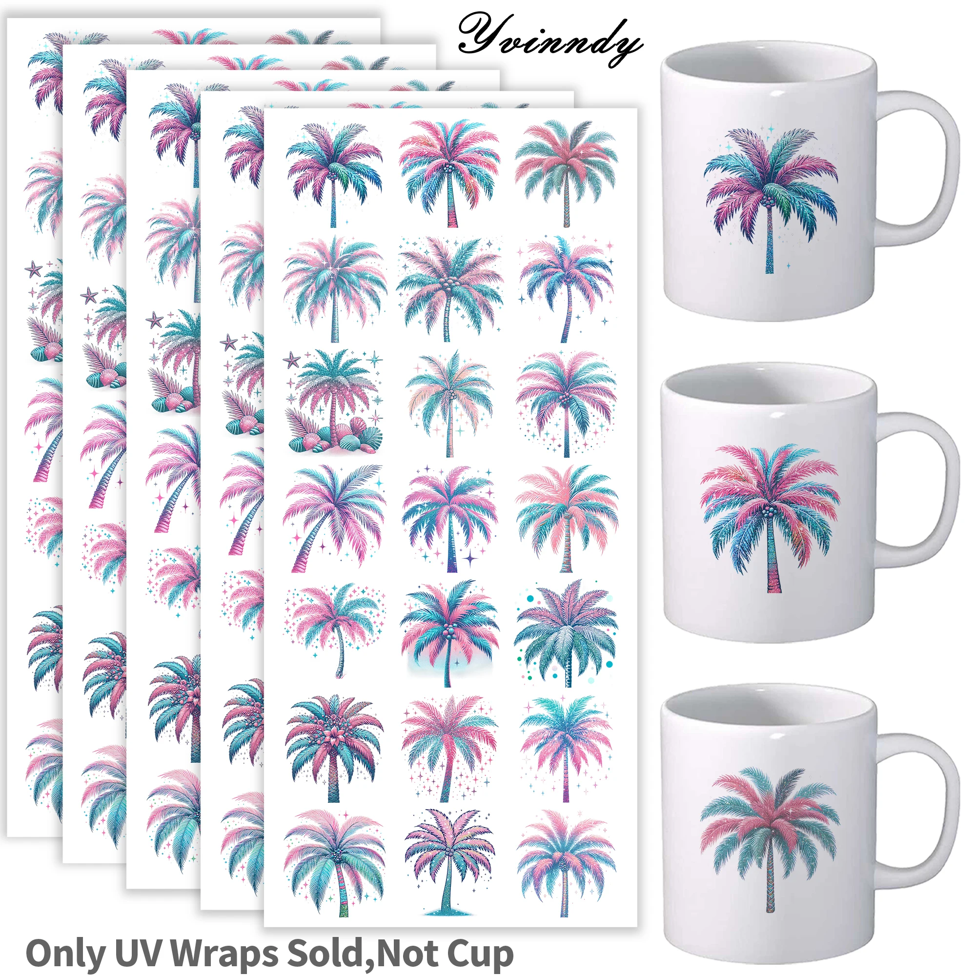 

105Pcs/Set Watercolor Palm UV DTF Transfer Sticker DIY Craft Kits with Crystal Label 16oz Glass Jars Wrap Stickers