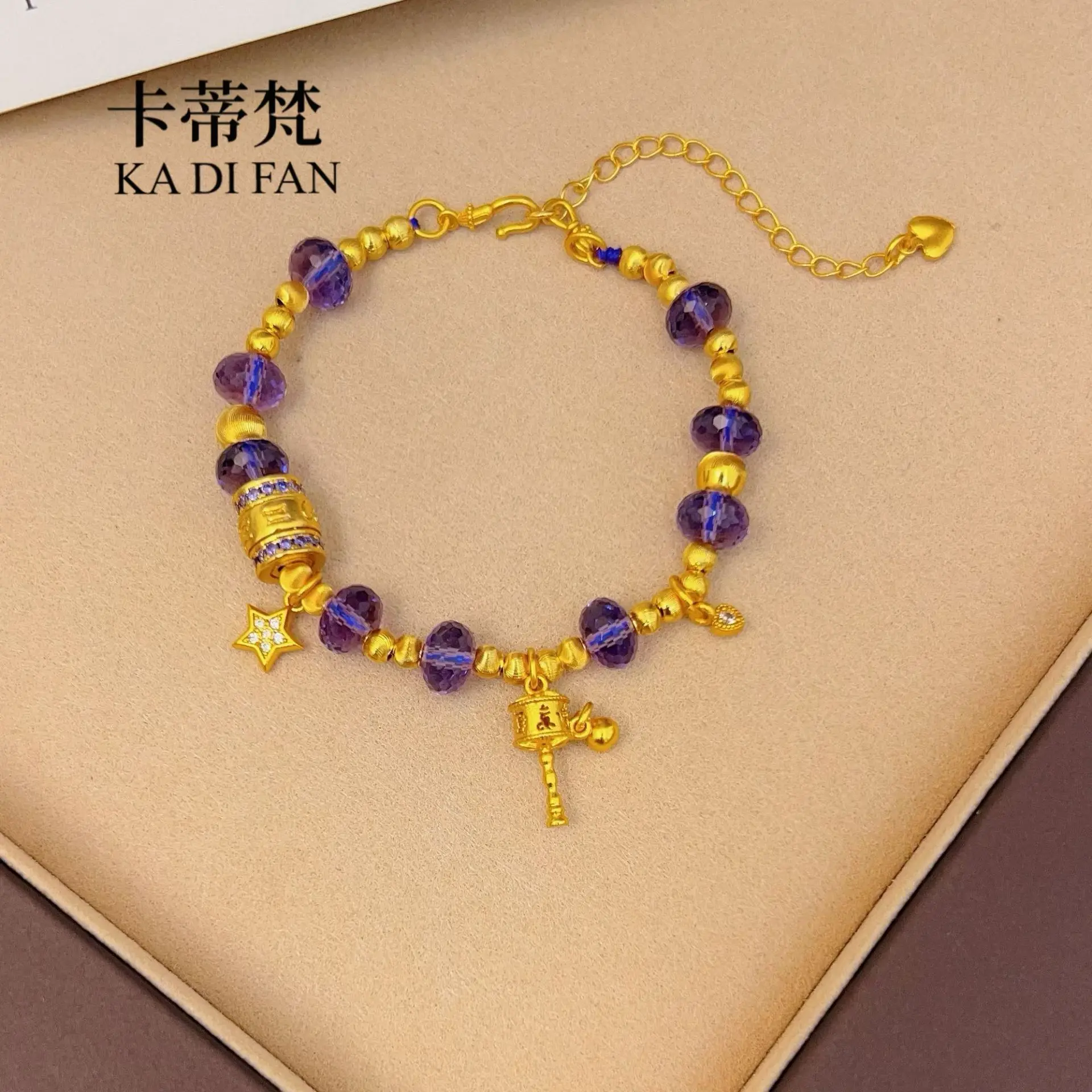 

Luxury 9999 24K real gold dot diamond six-character proverb prayer drum DIY faceted amethyst transport bead bracelet