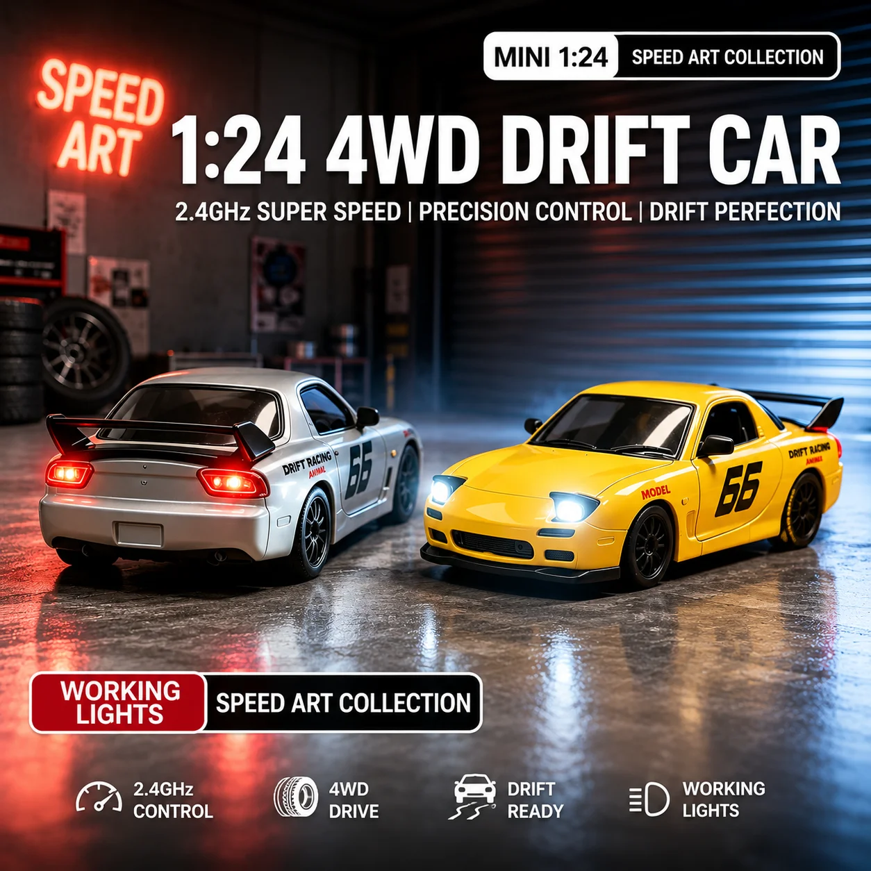 1:24 RC Car RX7 FD RC Drift Car 4WD Remote Control Car with Pop-Up Lights 2.4G High Speed Racing Model Toy for Boys, Ideal Gift