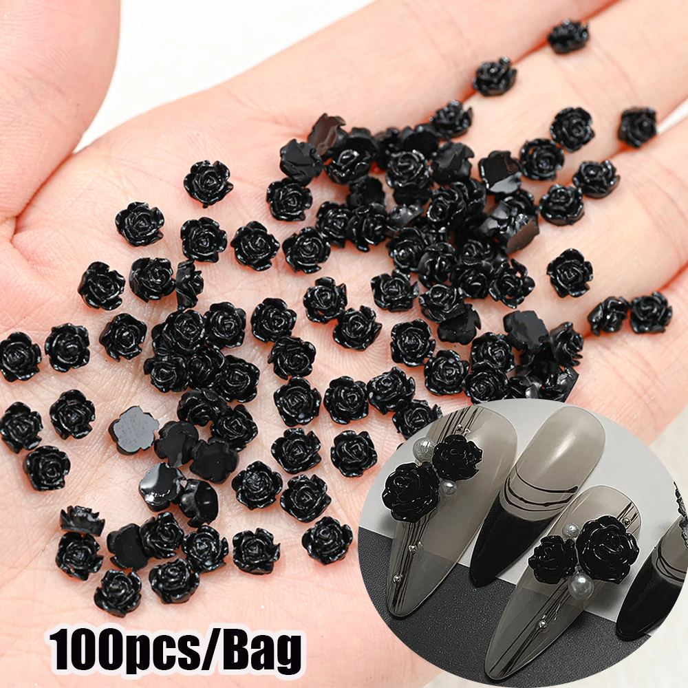 100Pcs Black Rose Nail Charm 3D Camellia Flower 6/8mm Nail Art Decoration Parts Flatback Resin Rose Flower DIY Nail Jewelry Deco