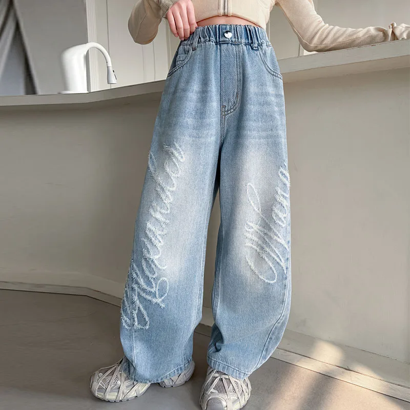 Children Fashion Street Hip Hop Letter Scratch Jeans Trousers For Girls Spring Casual Wide Leg Ripped Denim Pants For Kids 5-14Y
