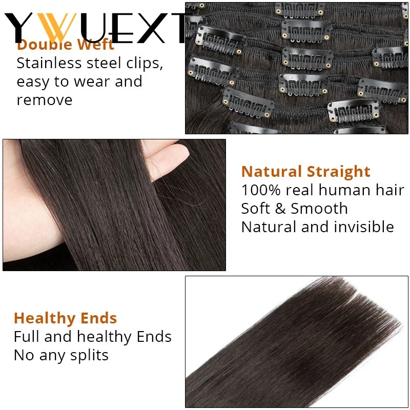 YWUEXT 1B# Natural Black Clip in Human Hair Natural Straight Extensions 12-24 inches Machine Remy Clip Hair Full Head 7pcs/set