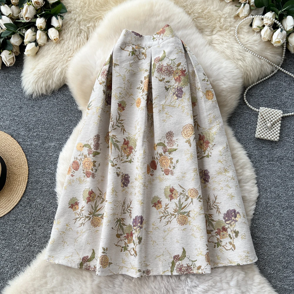 女性シックなジャカードシャーリングセクシーなスカート弾性ハイウエスト韓国ファッション A ライン秋服