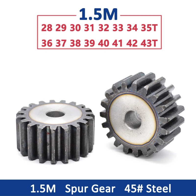 1pc Spur Gear 1.5M 28T-43T Metal Transmission Gear 45# Steel 1.5 Modulus 28 29 30 31 32 33 34 35 36 37 38 39 40 41 42 43 Teeth