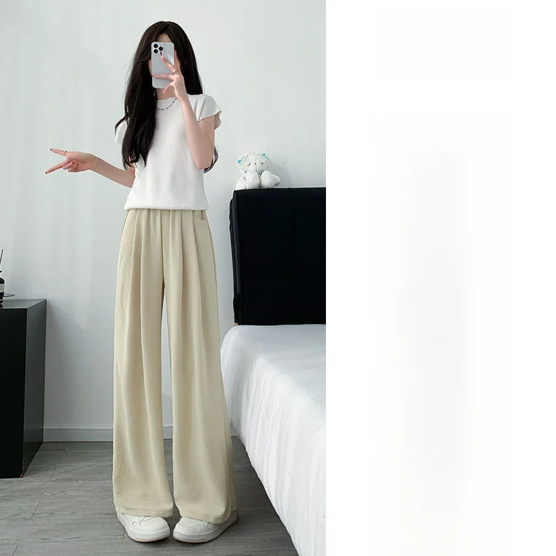 Pink Ice Silk Wide Leg Pants Women's Casual Slim Fit Summer Drape Straight Leisure Small Size Narrow Version Milk Mountain Pants