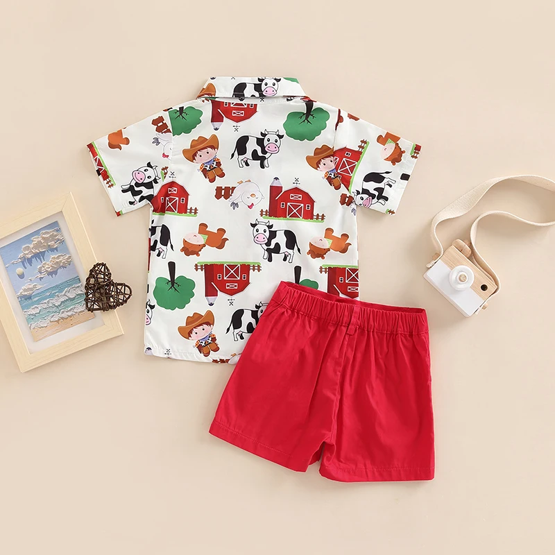 Toddler Kids Boys 2 Pieces Outfits Farm/Circus Cartoon Animal Print Short Sleeve Shirts with Bow Tie + Solid Color Shorts Set