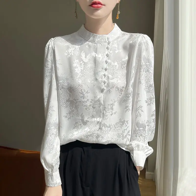 

Women's Chinese Style Shirt 2026 New Spring Summer Jacquard Shirt Female White Blouses Ladies Tops Office Lady Elegant Clothing