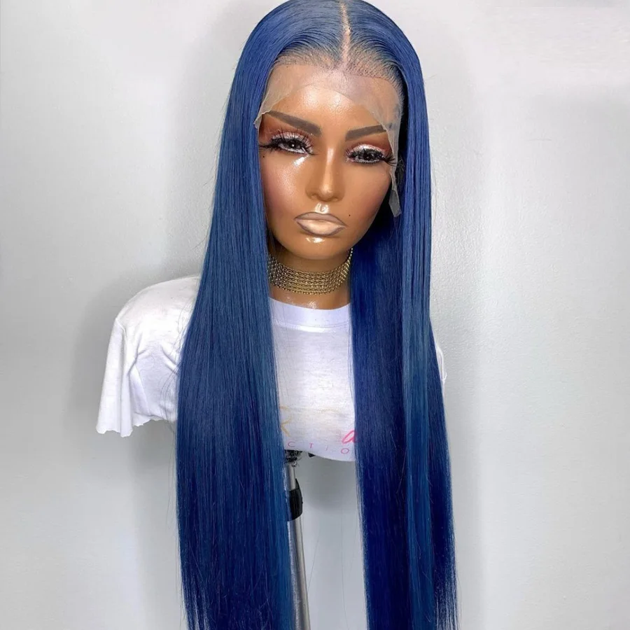 Peluca frontal de encaje para mujeres negras, pelo de bebé, suave, largo, sedoso, azul oscuro, 180% de densidad, prearrancado, resistente al calor, sin pegamento, 26"