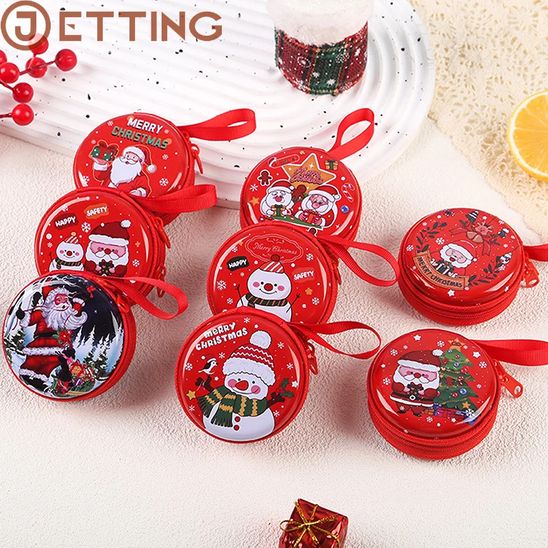 Random 1Pc Christmas Pattern Tinplate Coin Purse Round Square Candy Earphone Change Coin Storage Bag Pendant Headphone Organizer